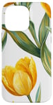 Coque pour iPhone 14 Pro Max Tulipes jaune vif avec feuilles vertes sur fond blanc