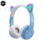 Light blue Oreille de chat Bluetooth sans fil P47 avec micro, écouteurs stéréo, casques de basse, écouteurs PC, casque de téléphone Gamer, sauna, pour fille, enfants ""Nipseyteko