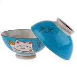 lachineuse - 2 Bols à Soupe ou à Ramen - Design Maneki Neko - Colori Bleu - Bols Multi-Usage - Porcelaine - Décoration Japonaise - Idée Cadeau Japon Asie