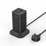 Tower Black Extension Lead with 3 USB Slots, TESSAN 8 Way Multi Plug Extension Socket, Surge Protected Extension Cable 2M with Switch, Multiplug Power Strip for Home, School Supplies