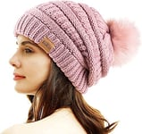 REDESS Bonnet d'hiver à Pompons pour Femme Doublure Polaire Chaude Épais Slouchy Snow Knit Chunky Baggy Skull Ski Cap