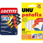 Loctite Super Glue-3 Power Gel Mini Dose, colle forte enrichie en caoutchouc, lot de 3 tubes 1 g & UHU Patafix blanche - pastilles adhésives prédécoupées, pâte à fixer, blanche, 80 pastilles