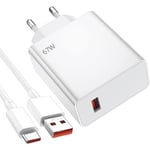 67W ultrasnabbladdare + 6A USB-C-kabel för Xiaomi 14, 14 Pro, 13T, 13, 12, 12T Pro, Redmi 12, Redmi Note 12 Pro, Note 11-10-9-8 Vit