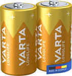 VARTA Piles C Baby, lot de 2, Longlife, Alcalines, 1,5V, adaptées aux télécommandes, réveils, radios, horloges murales, Made in Germany