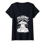 Womens Pilgrims From Outer Space Turkey Thanksgiving Alien UFO UAP V-Neck T-Shirt