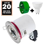 Europalamp - 20 Spot bbc Orientable RT2012 IP20 Alu brossé + Ampoule GU10 7W Blanc Froid + Douille + Scie cloche 85mm