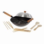 Joyce Chen Professional Series 14-Inch 10-Piece Wok Set, Includes Carbon Steel Nonstick Wok Pan with Lid and Maple Handles, Tempura Rack, Utensils, and Recipe Book