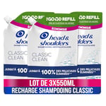 Head & Shoulders Shampooing Antipelliculaire Classic, Recharge 3 x 550 ml, Jusqu’à 100% Des Pellicules Éliminées, Cliniquement Prouvé, Testé Sous Contrôle Dermatologique