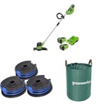 Greenworks 40V Cordless Strimmer for Gardens, 30cm Cutting Width, Two of 40V 2Ah Batteries & Charger, G40LT + 4.8m Strimmer Spool 3 Packs+ 120L Garden Waste Leaf Bag