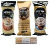 Nescafe Instant Coffee Cups 3 Flavours Gold Blend, Latte & Cappuccino Comes with Kingdom Supplies Coffee Stirrers Just Add Hot Water & Stir 7 Cups of each Style