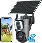 4G Lte Camera Solaire Double Objectif Avec Carte Sim,14400Mah Camera Exterieure Sans Fil,Detection De Personne 2K Hd Inclinable 355°/100°,Autonome Sans Wifi Sur Batterie,Vision Nocturne,Ip66