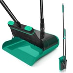 JEHONN Broom and Dustpan Set, Upgraded Large Foldable Dust Pan and Brush, 136 cm Long Handle Swivel Sweeping Besom Indoor for Home Kitchen Lobby Floor Cleaning (Green)