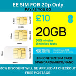 Official UK EE Sim Card Pay As You Go Trio Size Standard Micro Nano For 20p Only