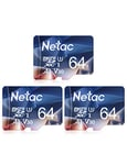 Netac 3 Paquets 64Go Carte Mémoire Micro SDHC A1, U3, UHS-I，C10, V30 Vitesse Jusqu'à 100/30 Mo/Sec (R/W) pour Smartphone, Appareil Photo, Switch, Gopro, Tablette，Drones