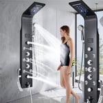 Black Shower Panel Column Tower LED Stainless Steel Waterfall Rainfall Mixer Set