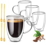 4x350ml Double Walled Glass Coffee Mugs with Handle,Cappuccino Glass Mugs,Insulated Drinking Glass Cups,Clear Glass Mugs for Latte, Americano,Hot Drinks Tea Milk Juice Ice Cream