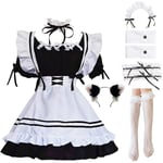 ANEK Maid Outfit Anime Cosplay Lolita Maid Klänning Fransk Piga Kostym Plysch kattöron Strumpor set Svart Liten