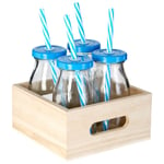 Set of 4 200ml Blue Glass Drinks Milk Juice Bottle with Wooden Crate Screw Lid