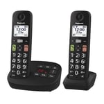 Panasonic KX-TGU132EB Digital Cordless Phone with Answering Machine, Base Unit & 2 Handsets, LCD Display, Big Buttons, Fav Call, Hearing Aid Compatible, Black