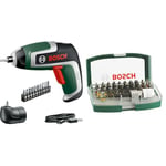 Bosch IXO Cordless Screwdriver (7th Generation, with Micro USB Cable, Incl. Angle Attachment, Screws up to 190 Screws, in Box) + 32pc. Screwdriver Bit Set (PH-, PZ-, Hex-, T-, TH-, S-Bit, Accessories)