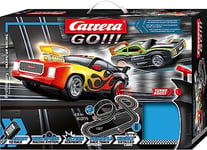 Carrera GO!!! 20062555UK Heads-Up Racing - GO!!! Slot Racing Track With UK Plug, For Children From 6 Years And Adults, 1:43 Scale, 4.9 Metres, With Muscle Car Green & Muscle Car Flames