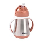 BÉABA, Biberon/Tasse d'apprentissage/Gourde Bébé 2 en 1 Inox, Tasse Paille Enfant, 100% étanche, Anti-fuite, Facile à Ouvrir, Poignées amovibles, Matière Inox, Sain, Solide, 250 ml, Terracotta