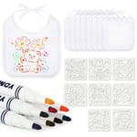 Aolso DIY Bavoirs Bebe Naissance, 8 Pièces Bavoirs Bebe de Peinture Coton Blanc pour Bébé avec 8 Stylos Textiles de Couleur et 8 Pochoirs de Peinture, Cadeau pour Babyshower Une Fête De Naissance