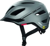 ABUS Casque de ville Pedelec 2.0 MIPS - casque de vélo avec feu arrière, visière, capuche anti-pluie et protection contre les chocs MIPS - pour hommes et femmes - argent mat, taille M