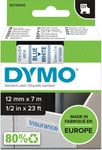 Dymo D1 etikettape, 12 mm, blå på vit