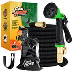 Flexi Hose Expandable Garden Hose - 50FT Heavy Duty Water Hose, Retractable Hose with 2cm Brass Fittings - Expandable Hose Design Includes Carry Case, Hook & Spray Nozzle (15 Metres)