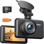 Dashcam 4K, 2160P Frontale Caméra Voiture avec Carte SD 32G, Vision Nocturne WDR, Enregistrement d'urgence, Enregistrement en Boucle, Mode stationnement 24h/24, G-Capteur