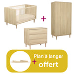 Sauthon Chambre Trio Paloma : Lit bébé bois 70x140 évolutif, Commode 3 tiroirs bois, Armoire 2 portes Plan à langer offert