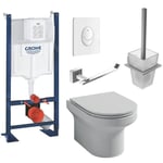 Pack WC suspendu sans bride Elite abattant extraplat fermeture douce avec bâti, plaque blanche, Porte-balai et Porte-rouleau Moderne