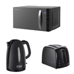 Russell Hobbs Flatbed Microwave, 23 L, 800 W with Textures Kettle, 1.7 L, 3000 W and Textures 2 Slice Toaster - Black