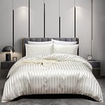 Satin Housse de Couette 140x200 Blanc Beige Rayures Parure de lit Satinée Unie Soie Lisse Soyeux Brillant Linge de Lit 1 personne Ensemble Literie avec Fermeture éclair et 1x 65x65cm Taie d'oreiller