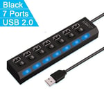 7 Ports Black Airies USB haute vitesse 2.0, extenseur d'adaptateur, répartiteur multiple USB, prolongateur multiple, lampe de commutation LED pour PC, ordinateur portable