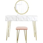 Coiffeuse avec tabouret et miroir pivotant moderne 100 cm rond blanc doré