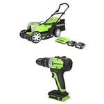 Greenworks G24X2LM41K2x Cordless Lawn Mower 41cm with 2X 2Ah Battery and Dual Slot Charger & 24V Cordless Drill/Screwdriver GD24DD65