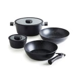 Qulinart - Pack de Cuisine Empilable en Aluminium Forgé - 5 Pièces avec Poignée Amovible + Casserole 28 cm + Casserole 16 cm + Poêle 28 cm + Wok 28 cm - Noir