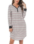 Nieery Chemise de Nuit Femme Manche Longue à Rayures en Coton avec Poche mi-Longue col en V Pyjama Femme Hiver Robe de Nuit Ample Grande Taille Nuisette Femme Coton