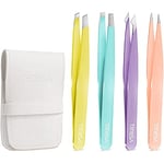 TerresaCOS Lot de 4 pinces à sourcils professionnelles pour femme - Avec étui en cuir - Épilation précise du visage, poils incarnés - Épilation précise - Multicolore, Coloré, (TSOS-B01)