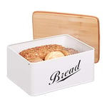 Relaxdays 10024603 Boîte à Pain Couvercle Bambou, Caisse en métal, Design rétro, Bread, Rangement, 14 x 30,5 x 23,5 cm, Blanc