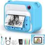 Appareil Photo Instantané 2,4"" 1080p Pour Enfant Avec 3 Rouleaux De Papier À Imprimer Et 5 Couleurs Stylo Pinceau Cadeau Pour Enfant Noir Et Blanc Avec Carte Mémoire 32 Go - Bleu