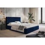 Lit adulte Chesterfield 140x200 Furis - Tiroir de Lit, Tissu Velours, Sommier à Latte - Glamour Lit Double Chambre à coucher (Bleu - Kronos 09)