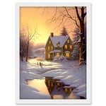 Artery8 Sunrise Winter Cottage Landscape Oil Painting Snowy Countryside Snow Lake Trees Artwork Framed A3 Wall Art Print