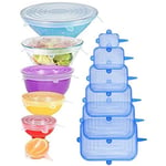 Mowze - Lot de 12] Couvercles extensibles en silicone 6 ronds transparents 6 rectangles bleus, couvercles magiques réutilisables pour bols, tasses,