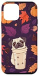 Coque pour iPhone 12 mini Carlin floral violet avec feuilles d'automne et latte à la citrouille et aux épices