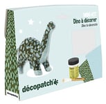 Décopatch KIT011O - Un mini-kit comprenant un animal en papier pulpé blanc, 2 feuilles Décopatch, un pinceau et un pot de vernis colle, DINOSAURE