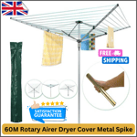 4 Arms Rotary Spike & Cover Rotary Airer 60m Heavy Duty Garden Clothesline Dryer