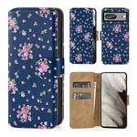 32nd Floral Series 3.0 - Design PU Leather Book Wallet Case Cover for Google Pixel 8, Flip Case With RFID Blocking Card Slots, Magnetic Closure and Built In Stand - Vintage Rose Indigo